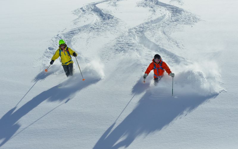 heli-ski-two-skiers-carving-in-fresh-powder-min